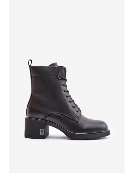 Lace Up Women's Heeled Boots Made Of Natural Leather Insulated Black Vinceza 91110