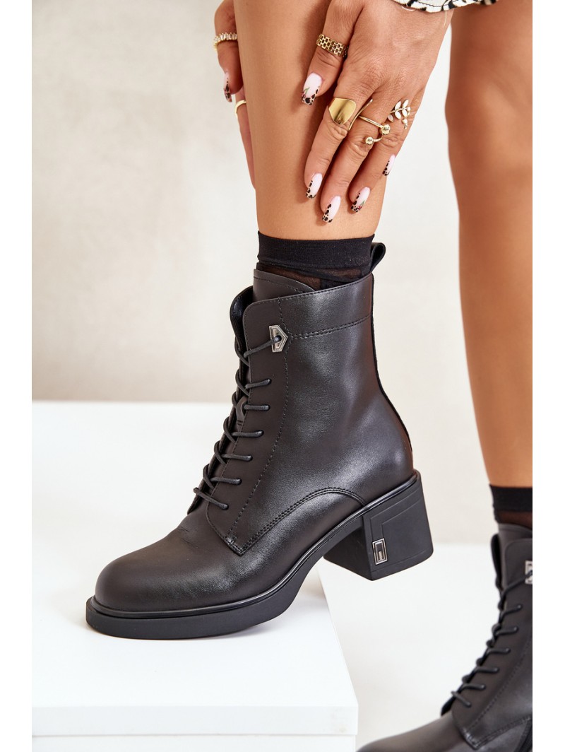 Lace Up Women's Heeled Boots Made Of Natural Leather Insulated Black Vinceza 91110