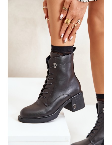 Lace Up Women's Heeled Boots Made Of Natural Leather Insulated Black Vinceza 91110