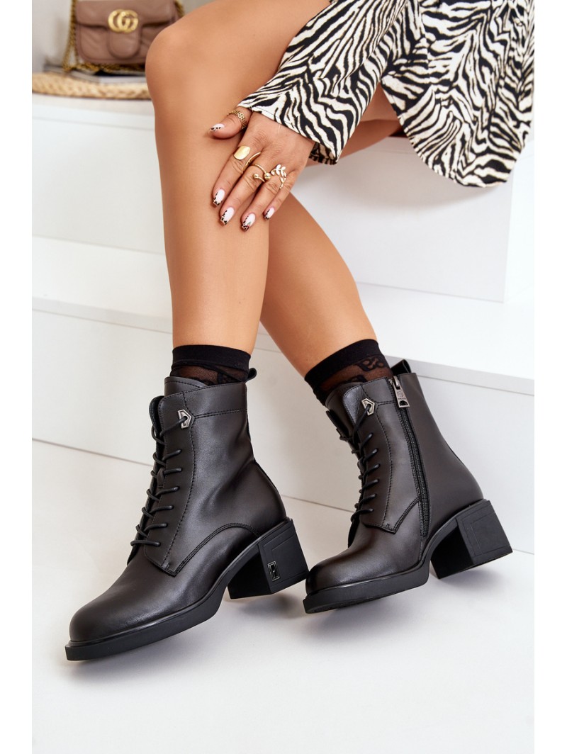 Lace Up Women's Heeled Boots Made Of Natural Leather Insulated Black Vinceza 91110