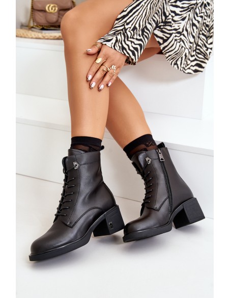 Lace Up Women's Heeled Boots Made Of Natural Leather Insulated Black Vinceza 91110