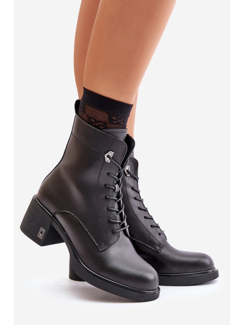 Lace Up Women's Heeled Boots Made Of Natural Leather Insulated Black Vinceza 91110