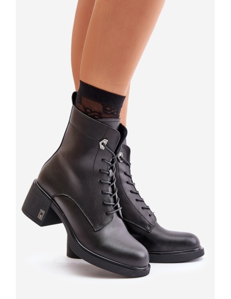 Lace Up Women's Heeled Boots Made Of Natural Leather Insulated Black Vinceza 91110