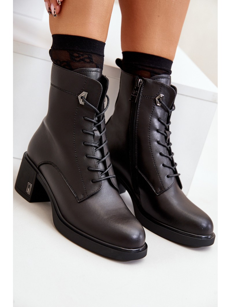Lace Up Women's Heeled Boots Made Of Natural Leather Insulated Black Vinceza 91110