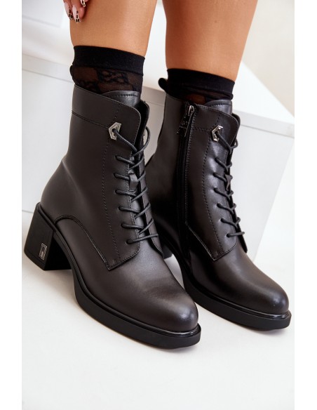 Lace Up Women's Heeled Boots Made Of Natural Leather Insulated Black Vinceza 91110