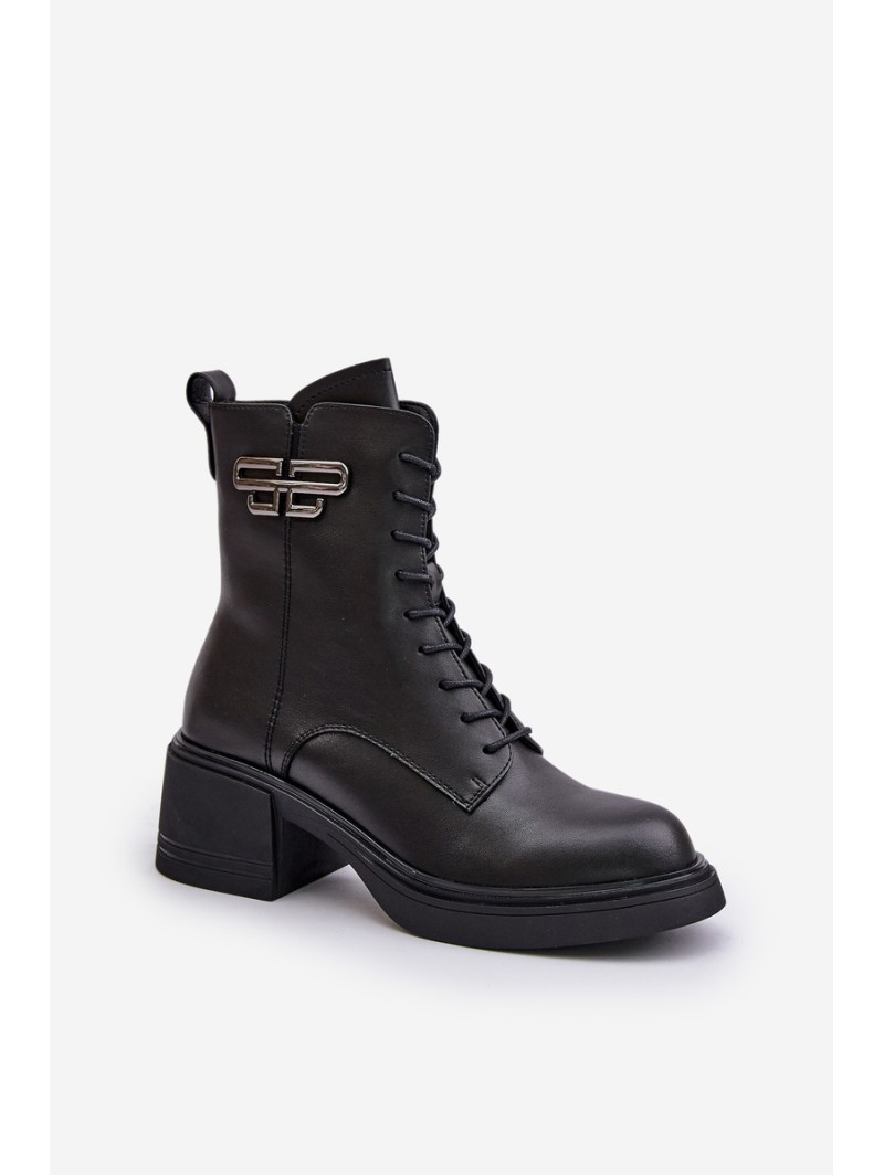 Women's Ankle Boots On Chunky Heels Insulated Made Of Natural Leather Black Vinceza 66682