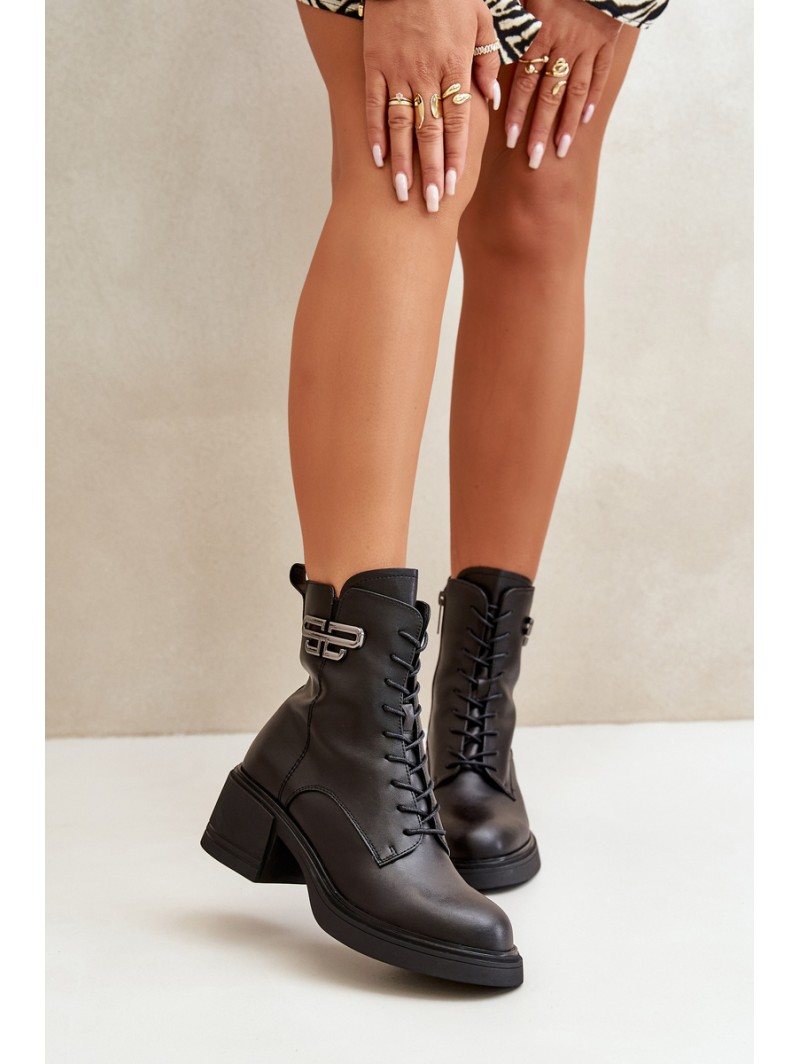 Women's Ankle Boots On Chunky Heels Insulated Made Of Natural Leather Black Vinceza 66682