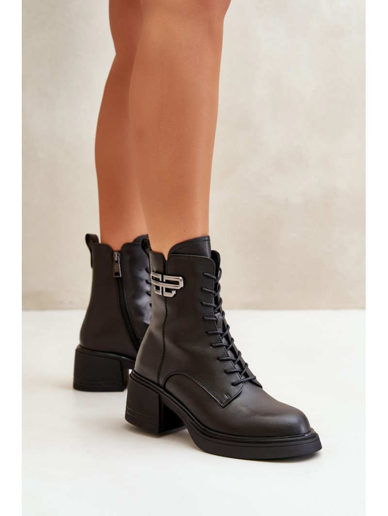 Women's Ankle Boots On Chunky Heels Insulated Made Of Natural Leather Black Vinceza 66682