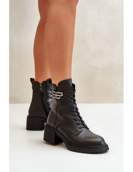 Women's Ankle Boots On Chunky Heels Insulated Made Of Natural Leather Black Vinceza 66682