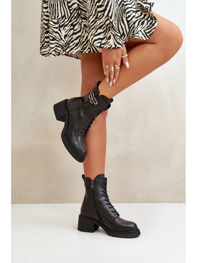Women's Ankle Boots On Chunky Heels Insulated Made Of Natural Leather Black Vinceza 66682
