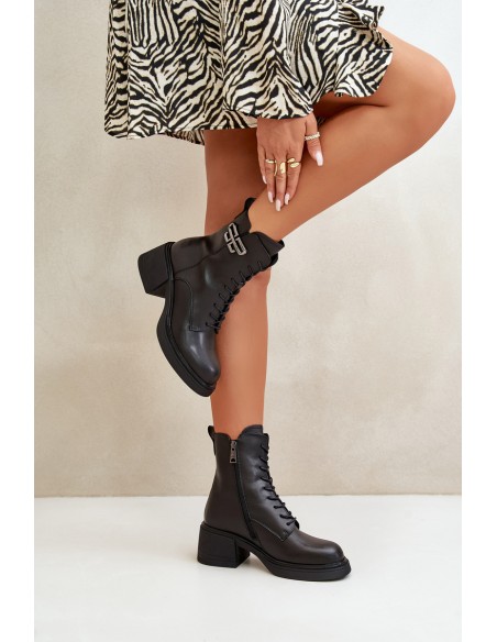 Women's Ankle Boots On Chunky Heels Insulated Made Of Natural Leather Black Vinceza 66682