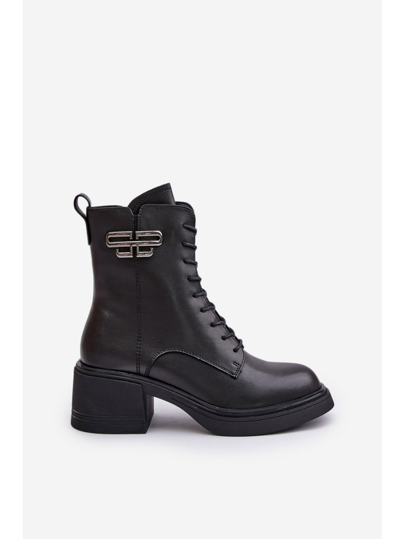 Women's Ankle Boots On Chunky Heels Insulated Made Of Natural Leather Black Vinceza 66682
