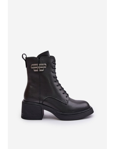 Women's Ankle Boots On Chunky Heels Insulated Made Of Natural Leather Black Vinceza 66682