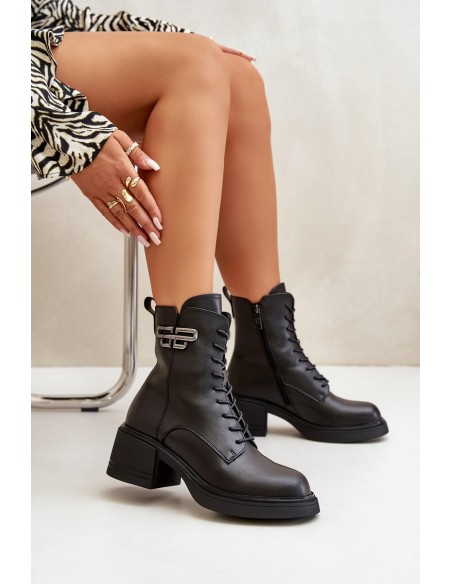 Women's Ankle Boots On Chunky Heels Insulated Made Of Natural Leather Black Vinceza 66682