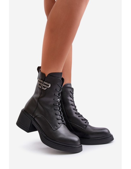 Women's Ankle Boots On Chunky Heels Insulated Made Of Natural Leather Black Vinceza 66682