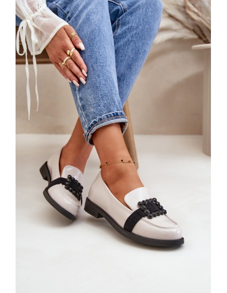 Lacquered Women's Moccasins With Decoration Light Gray Vinceza 58389