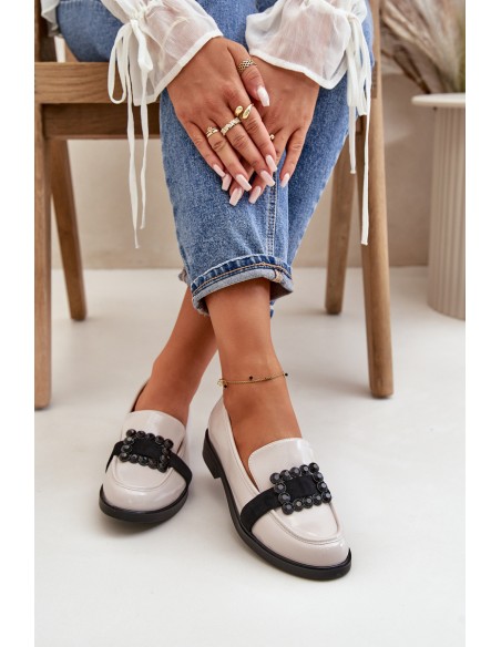 Lacquered Women's Moccasins With Decoration Light Gray Vinceza 58389