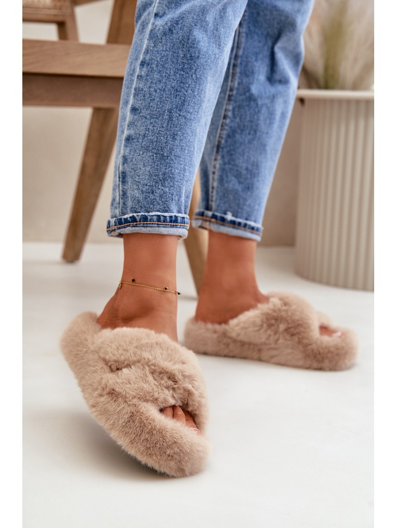 Womens Fur Slippers On Thick Sole Beige Lavitera