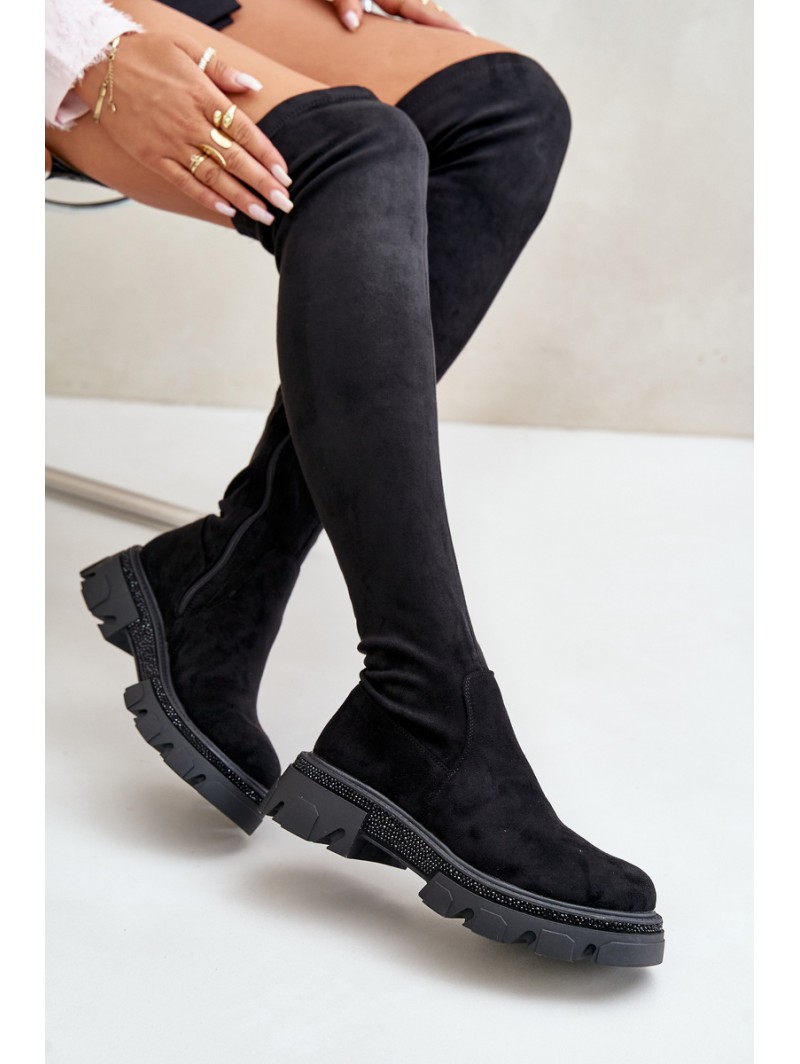 Women's Over the Knee Eco Suede Boots Black Irithalla