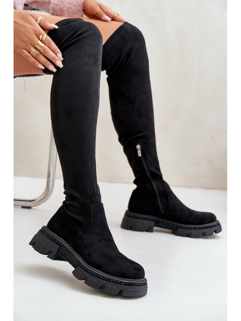 Women's Over the Knee Eco Suede Boots Black Irithalla