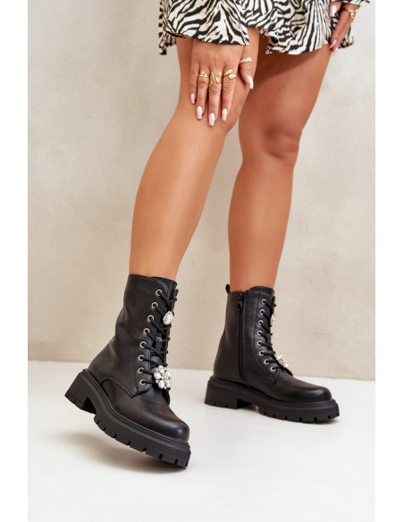 Women's Eco Leather Worker Boots With Pins Black Kristines