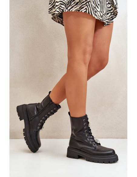 Women's Eco Leather Worker Boots With Pins Black Kristines
