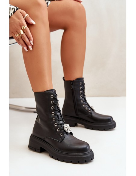 Women's Eco Leather Worker Boots With Pins Black Kristines