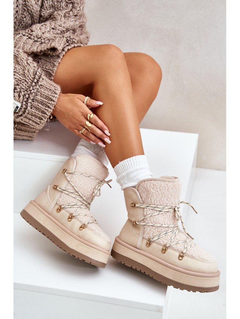 Ladies Platform Snow Boots With Lacing Light Beige Riaviana