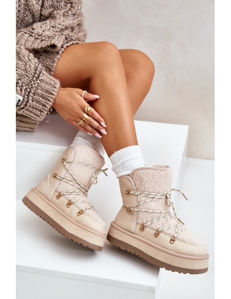 Ladies Platform Snow Boots With Lacing Light Beige Riaviana