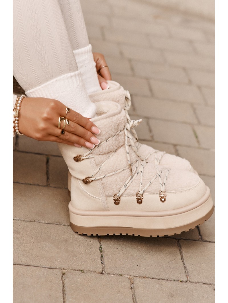 Ladies Platform Snow Boots With Lacing Light Beige Riaviana