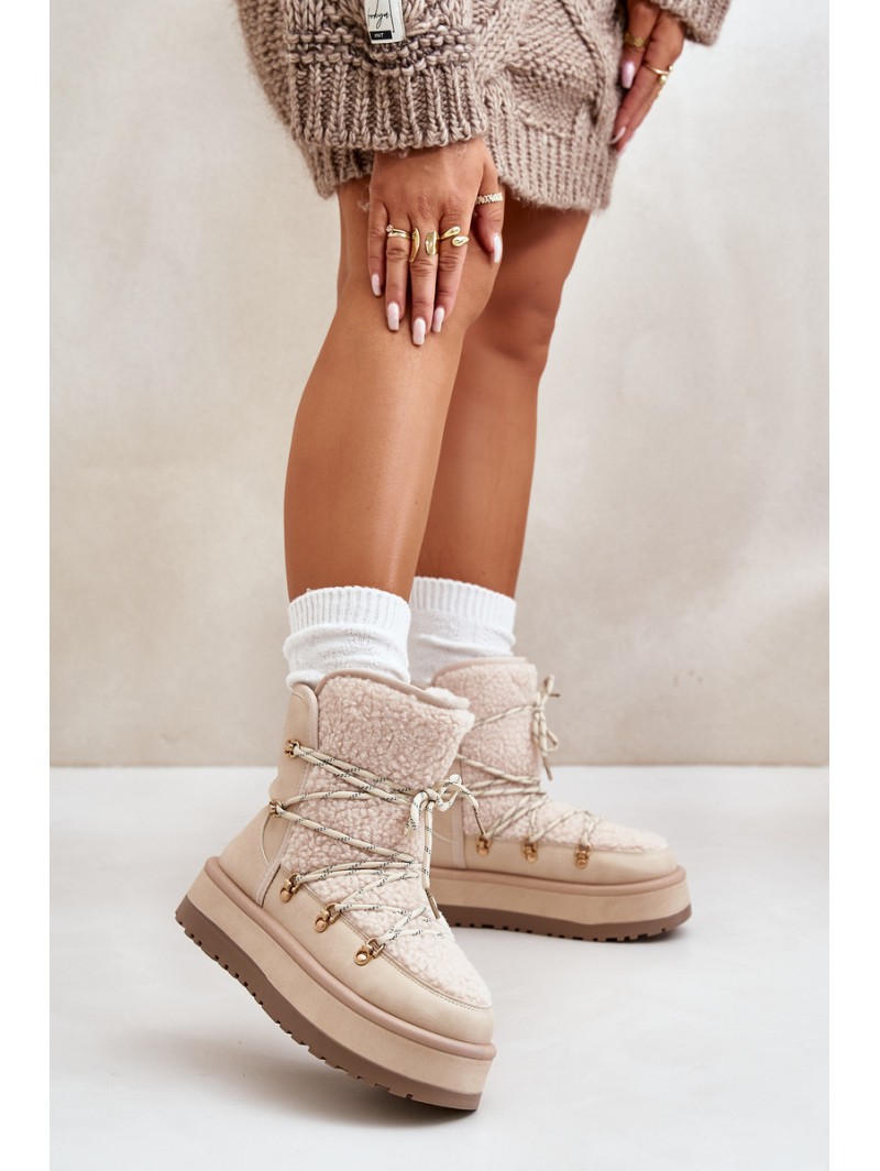 Ladies Platform Snow Boots With Lacing Light Beige Riaviana