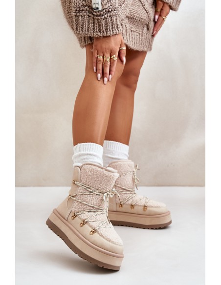 Ladies Platform Snow Boots With Lacing Light Beige Riaviana