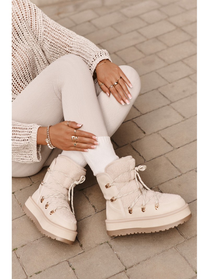 Ladies Platform Snow Boots With Lacing Light Beige Riaviana