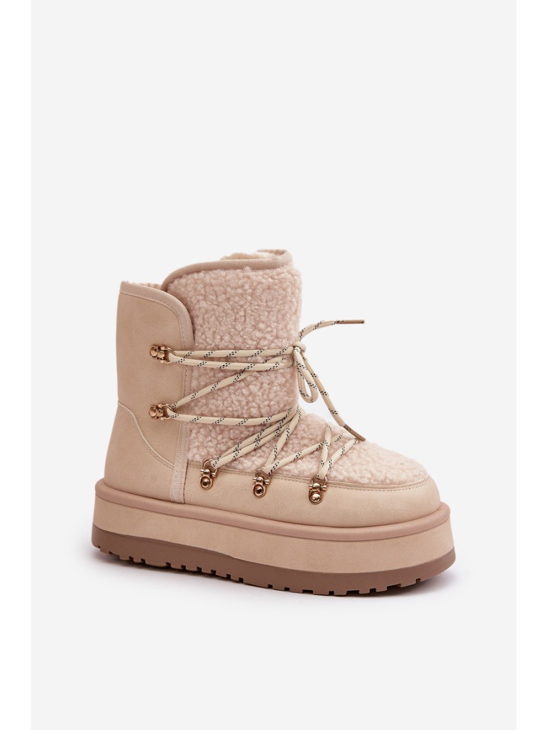 Ladies Platform Snow Boots With Lacing Light Beige Riaviana