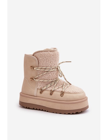 Ladies Platform Snow Boots With Lacing Light Beige Riaviana