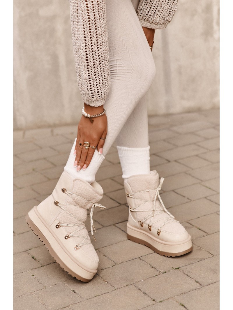 Ladies Platform Snow Boots With Lacing Light Beige Riaviana