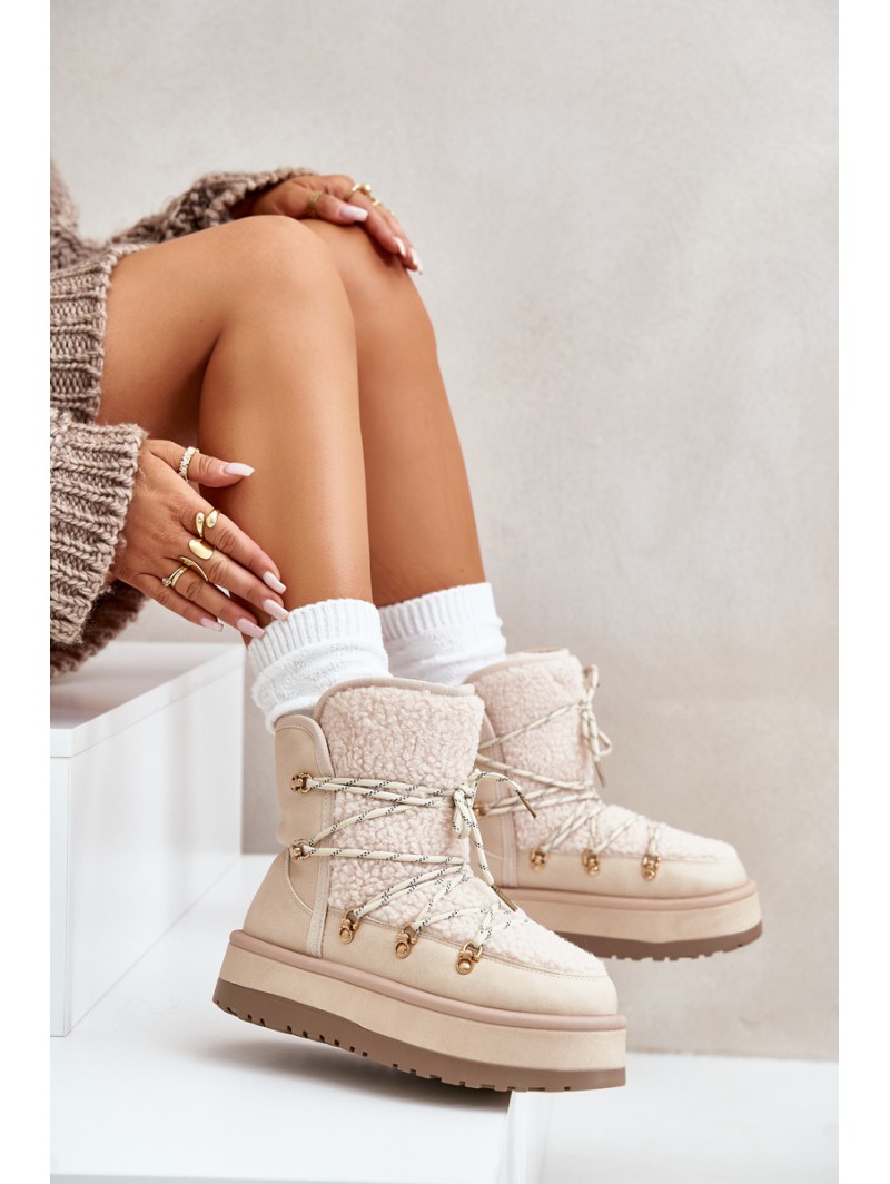 Ladies Platform Snow Boots With Lacing Light Beige Riaviana