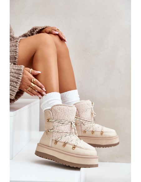 Ladies Platform Snow Boots With Lacing Light Beige Riaviana