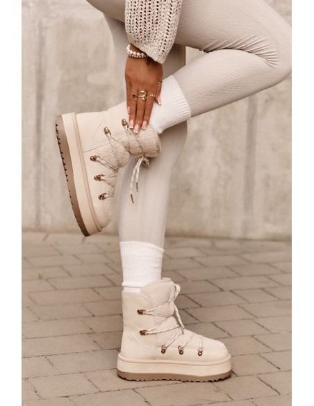 Ladies Platform Snow Boots With Lacing Light Beige Riaviana