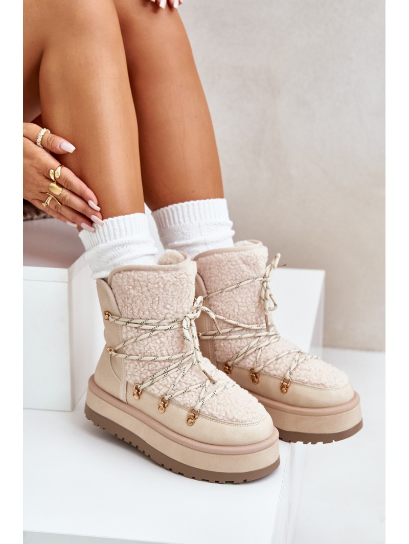 Ladies Platform Snow Boots With Lacing Light Beige Riaviana
