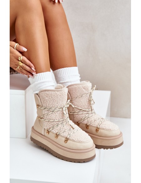 Ladies Platform Snow Boots With Lacing Light Beige Riaviana