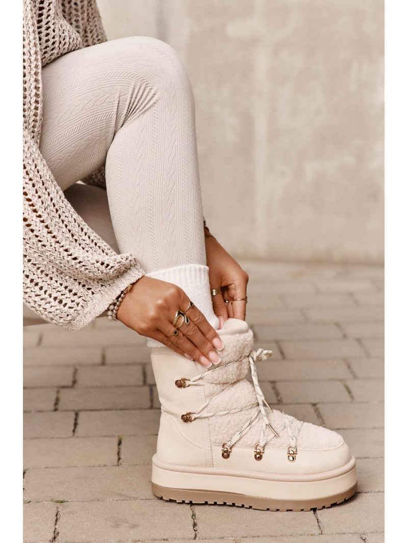Ladies Platform Snow Boots With Lacing Light Beige Riaviana