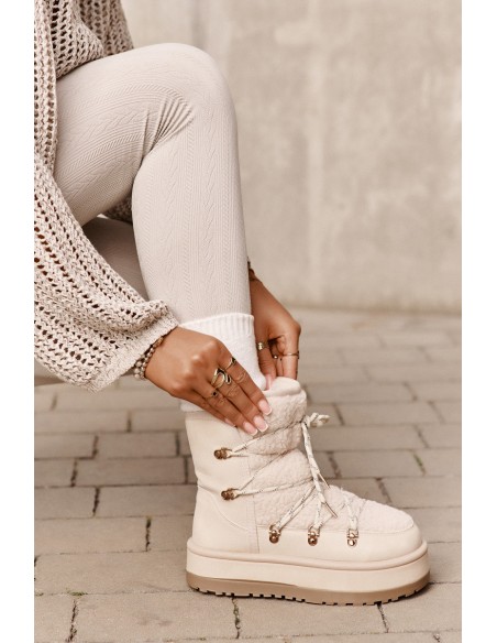 Ladies Platform Snow Boots With Lacing Light Beige Riaviana