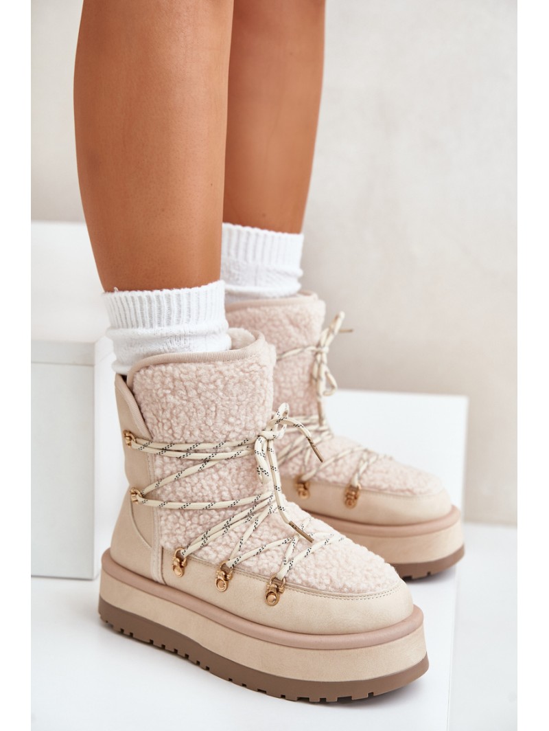 Ladies Platform Snow Boots With Lacing Light Beige Riaviana