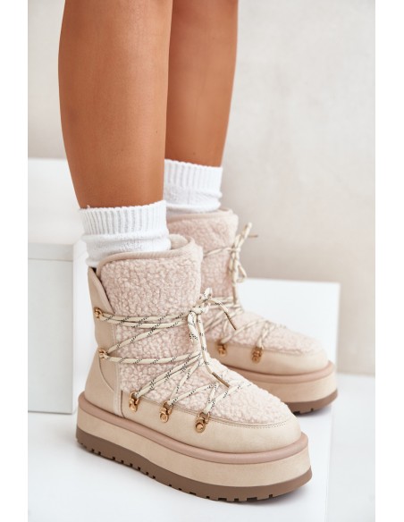 Ladies Platform Snow Boots With Lacing Light Beige Riaviana