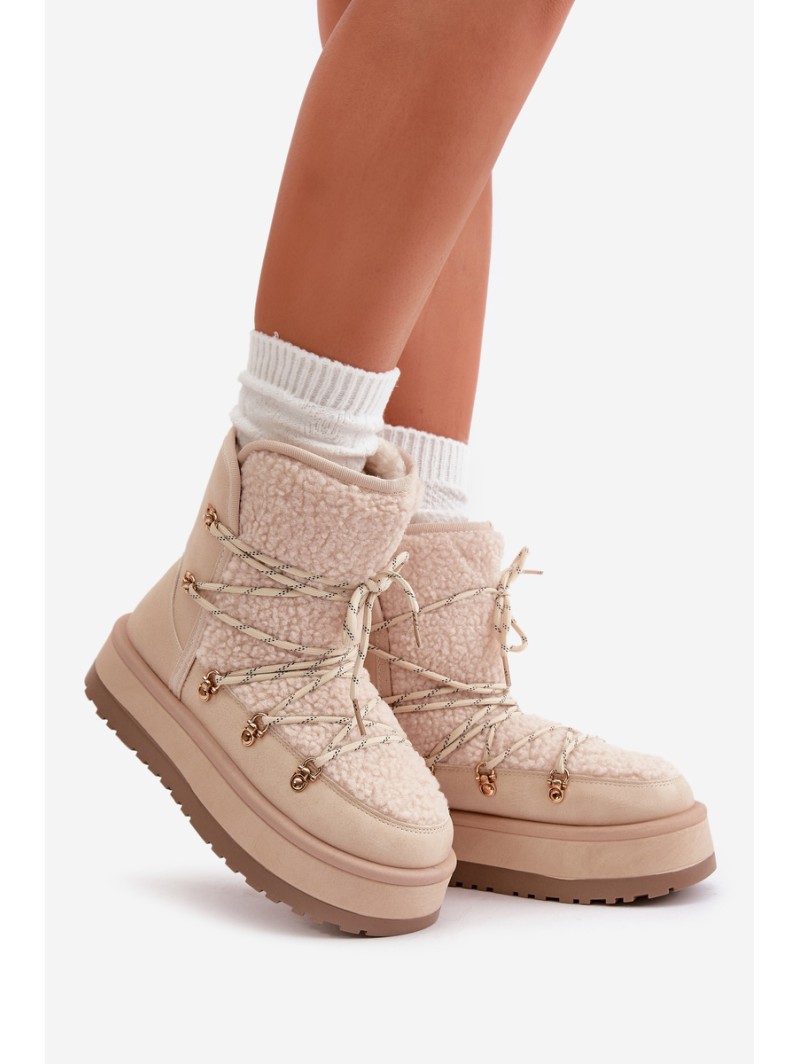 Ladies Platform Snow Boots With Lacing Light Beige Riaviana