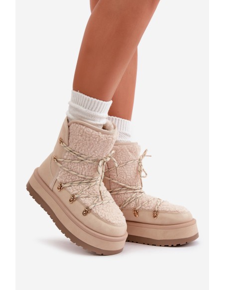 Ladies Platform Snow Boots With Lacing Light Beige Riaviana