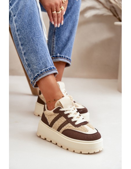 Warm Women's Platform Sneakers with Fur Brown Daivlene