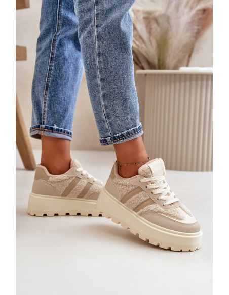 Warm Women's Platform Sneakers with Fur Beige Daivlene