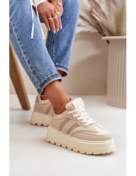Warm Women's Platform Sneakers with Fur Beige Daivlene